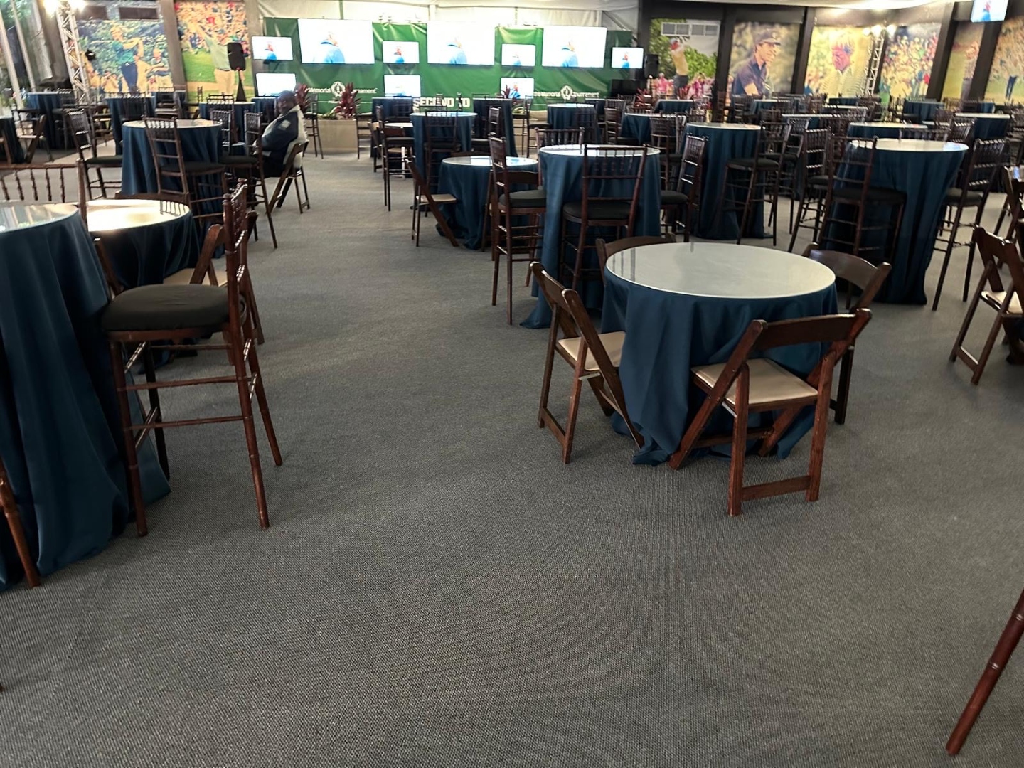 Event carpet installation in a hospitality tent for trade shows and convention centers