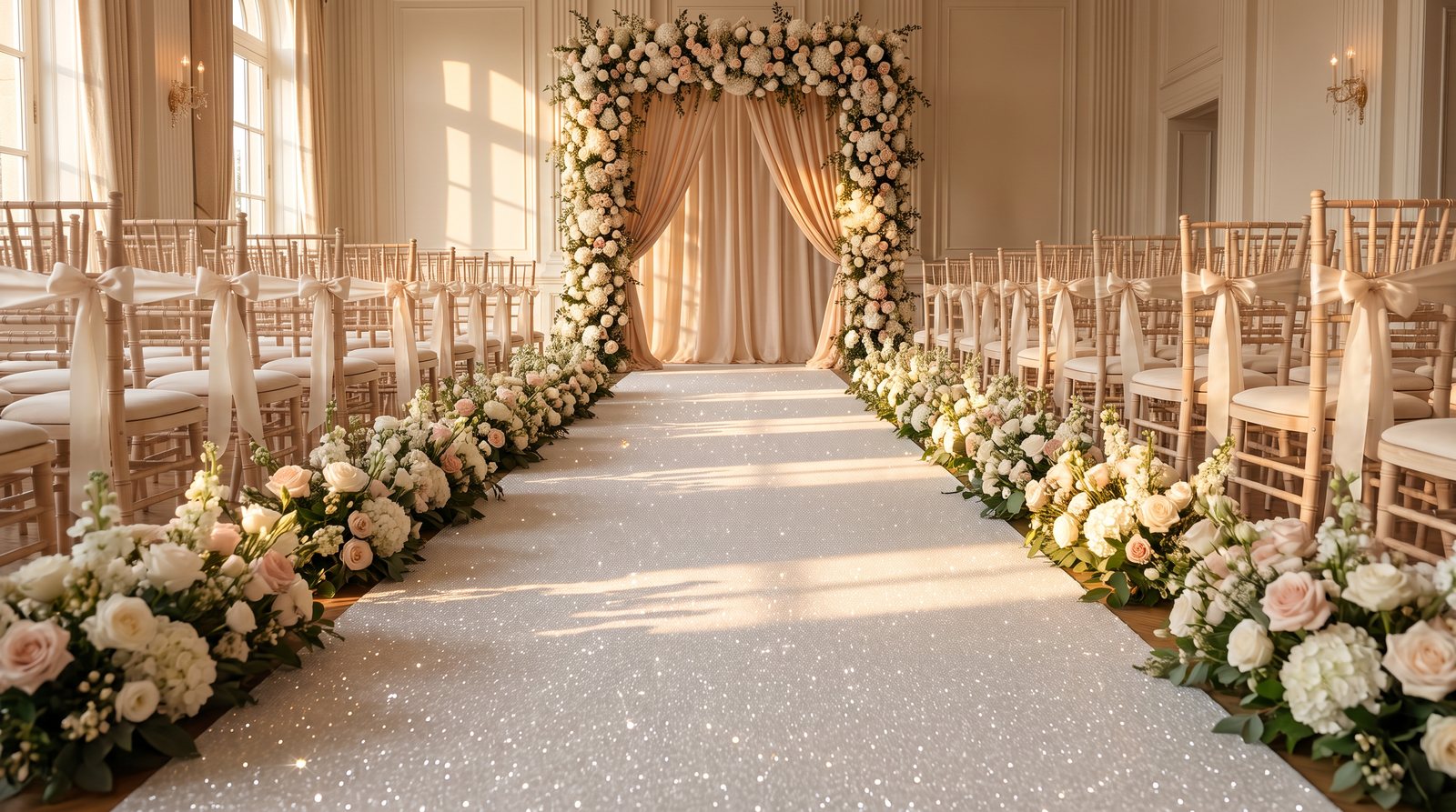 White glitter carpet wedding aisle runner lined with full floral arrangements leading to a floral arch