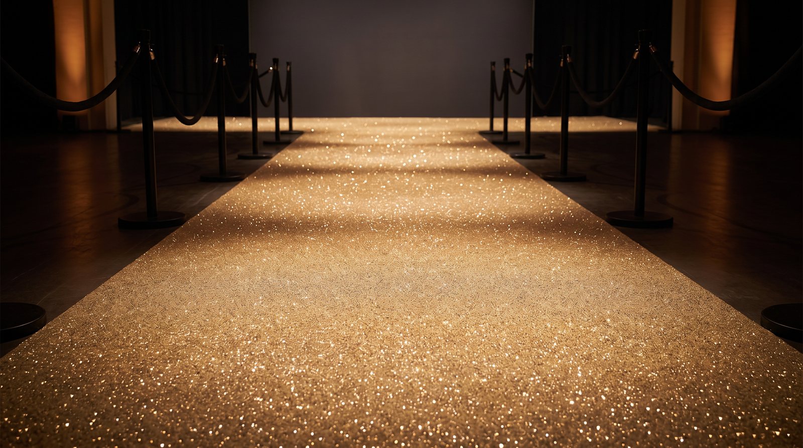 Gold glitter event carpet runner lit by spotlights between rope barriers at an evening gala
