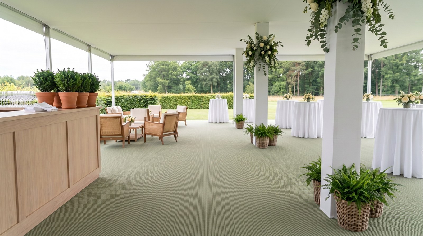 Clubhouse Sage pale sage ribbed event carpet in an open hospitality pavilion overlooking a golf course green