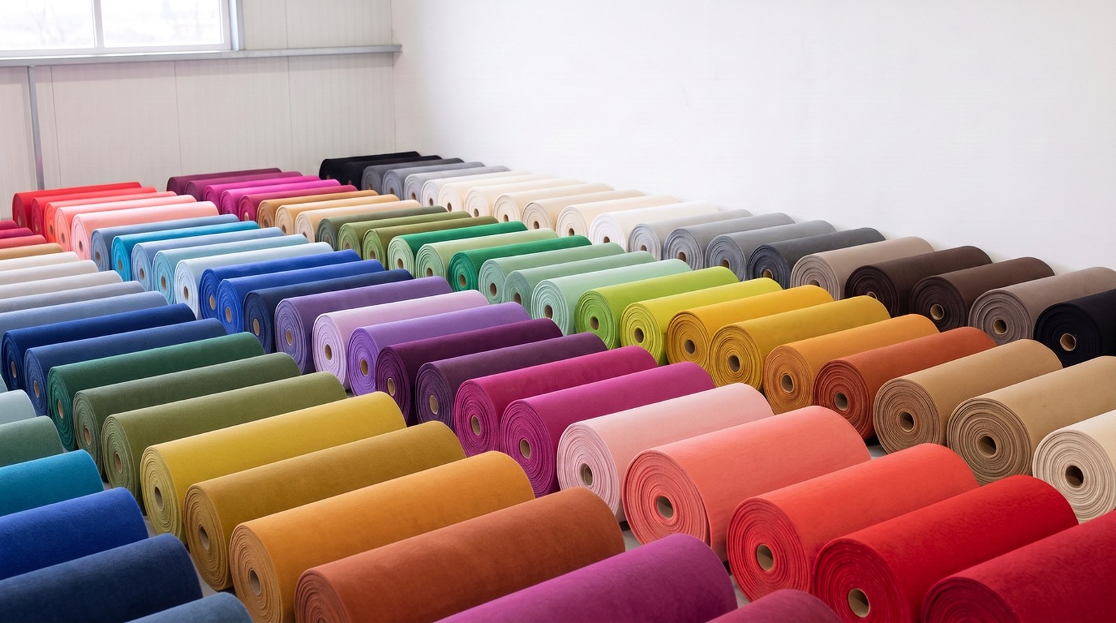 Stock rolls of colorful event carpet waiting to be cut to size
